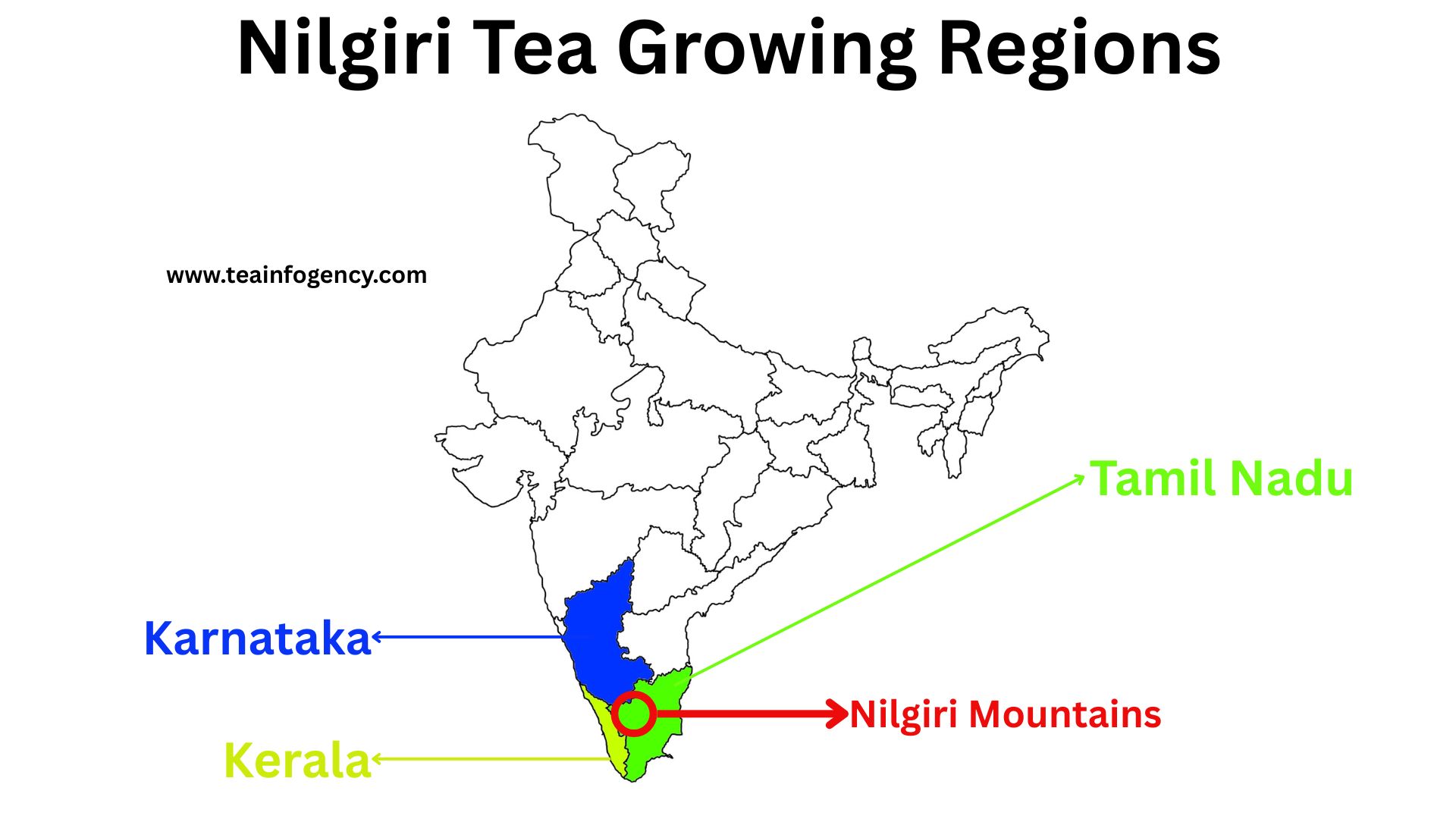 Map highlighting the Nilgiri tea growing region in southern India, primarily located in the Nilgiri Hills of Tamil Nadu, near the borders of Kerala and Karnataka.